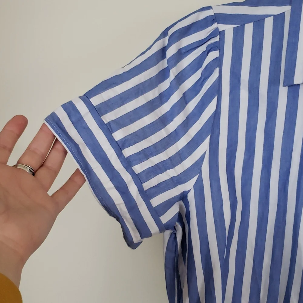 Loft blue and white button down waist tie short sleeve shirt dress. Sz Medium - Picture 8 of 9